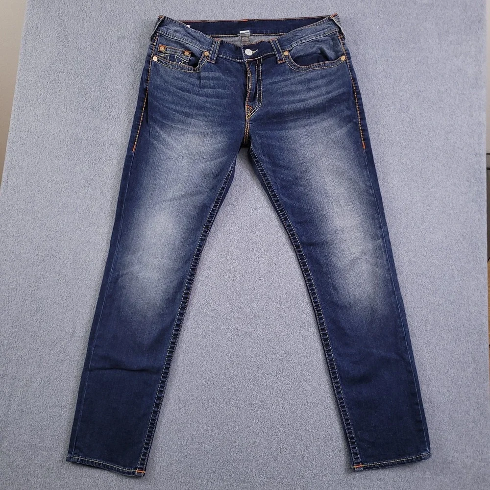 True Religion Jeans Mens 38x34 Geno Relaxed Slim Rope Stitch Blue Fade